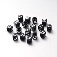 Initial Acrylic Horizontal Hole Beads, Mixed Letters, Cube, Black, 6x6x6mm, Hole: 3.5mm(OACR-E001-5)