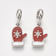 Alloy European Dangle Charms, with Enamel, Large Hole Pendants, Glove with Snowflake, Platinum, Red, 28.5mm, Hole: 4.5mm(MPDL-S066-090)