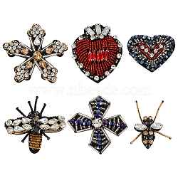 6Pcs 6 Style Bees Flower Heart Handicraft Acrylic Beaded Appliques, with Rhinestones, Costume Accessories, Mixed Color, 38.5~61.5x45~69x6~9mm, 1pc/style(PATC-GO0001-07)