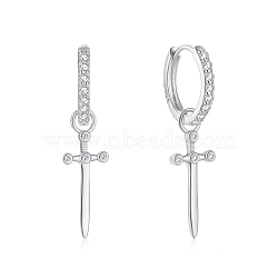 Anti-Tarnish Fashionable S925 Silver Zircon Cross Hoop Earrings for Halloween Costume Accessories, Platinum, 26x6mm(VE4564-2)