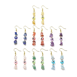 7Pcs 7 Style Natural Mixed Gemstone Chips & Resin Evil Eye Beaded Dangle Earrings, Golden Brass Long Drop Earrings for Women, 55mm, Pin: 0.5mm, 1 Pair/style(EJEW-JE05117)