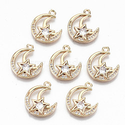 Brass Micro Pave Cubic Zirconia Pendants, Light Gold, Long-Lasting Plated, Cadmium Free & Lead Free, Moon with Star, Clear, 17x15x2mm, Hole: 1.6mm(X-KK-S359-034-RS)