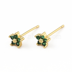 Cubic Zirconia Flower Stud Earrings, Real 18K Gold Plated Brass Jewelry for Women, Cadmium Free & Lead Free, Green, 15x5x5mm, Pin: 0.7mm(EJEW-C035-15G-01)