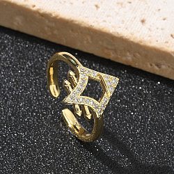 Brass Micro Pave Clear Cubic Zirconia Cuff Finger Rings for Women, Rhombus, Real 18K Gold Plated, 2.5mm, Inner Diameter: 17mm(RJEW-U033-06G)