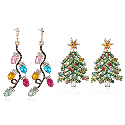 ANATTASOUL 2 Pairs 2 Style Rhinestone Christmas Tree & Leaf Dangle Stud Earrings, Light Gold Alloy Jewelry for Women, Mixed Color, 45.5~68.5mm, Pin: 0.5mm, 1 Pair/style(EJEW-AN0001-99)