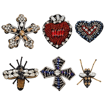 6Pcs 6 Style Bees Flower Heart Handicraft Acrylic Beaded Appliques, with Rhinestones, Costume Accessories, Mixed Color, 38.5~61.5x45~69x6~9mm, 1pc/style