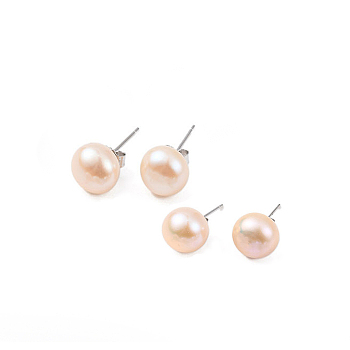 Natural Pearl Round Bead Stud Earrings, with Real Platinum Plated 925 Sterling Silver Findings, Blanched Almond, 17x8~9mm