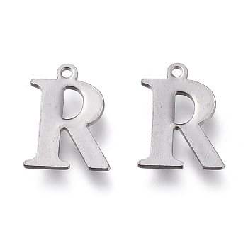 Tarnish Resistant 304 Stainless Steel Charms, Laser Cut, Alphabet, Stainless Steel Color, Letter.R, 12x9x0.8mm, Hole: 1mm