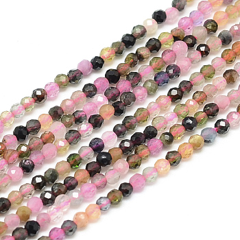 Natural Tourmaline Beads Strands, Faceted, Round, Dyed, 3x2.5mm, Hole: 0.5mm, about 142pcs/strand, 15.9 inch