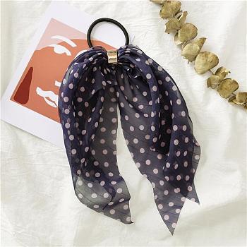 Polka Dot Pattern Cloth Elastic Hair Accessories, for Girls or Women, with Iron Findings, Hair Ties with Long Tail, Knotted Bow Hair Scarf, Prussian Blue, 250mm