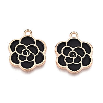 Alloy Enamel Pendants, Light Gold, Lead Free & Cadmium Free, Flower Charm, Black, 21x17.5x1.5mm, Hole: 1.8mm