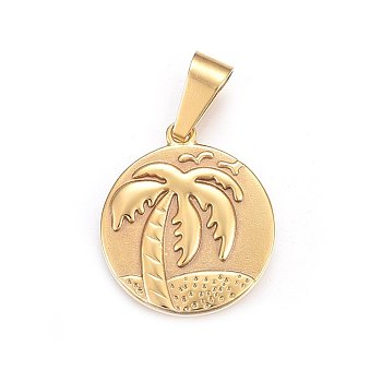 304 Stainless Steel Pendants, Flat Round with Coconut Tree, Golden, 28.5x25x3mm, Hole: 10x6mm