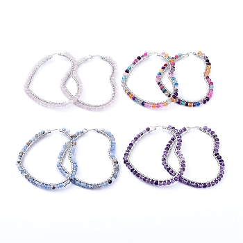 201 Stainless Steel Hoop Earrings, Beaded Hoop Earrings, with Natural Gemstone Beads, Heart, 72x63x4.5mm, Pin: 1x0.6mm