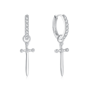 Anti-Tarnish Fashionable S925 Silver Zircon Cross Hoop Earrings for Halloween Costume Accessories, Platinum, 26x6mm