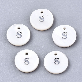Natural Freshwater Shell Pendants, with Platinum Plated Iron Etched Metal Embellishments, Flat Round with Initial Letter, White, Letter.S, 11x2mm, Hole: 1.5mm