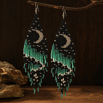 Bohemian Style Moon Pattern Glass Bead Handmade Dangle Earrings for Women, Green, 145x35mm