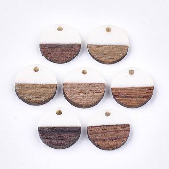 Resin & Walnut Wood Pendants, Flat Round, White, 14~15x3~4mm, Hole: 1.8mm