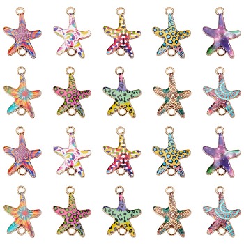 60Pcs 10 Styles Printed Alloy Connector Charms, Starfish Links, Light Gold, Nickel, Mixed Color, 23x16x1.5mm, Hole: 1.8mm, 6pcs/style