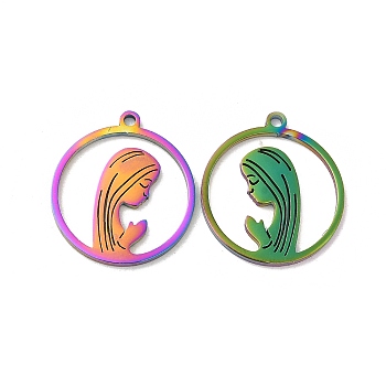 Ion Plating(IP) 304 Stainless Steel Pendants, Flat Round with Girl Charm, Rainbow Color, 20x18x1mm, Hole: 1.5mm