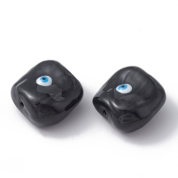 Glass Beads, with Enamel, Square with Evil Eye Pattern, Black, 20x19x10mm, Hole: 1.2mm