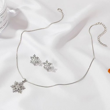Snowflake Alloy Crystal Rhinestone Pendant Necklaces & Stud Earrings Sets, Platinum, 400mm