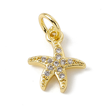Brass Micro Pave Cubic Zirconia Charms, with Jump Ring, Starfish Charm, Real 18K Gold Plated, 12x10x2mm, Hole: 3mm