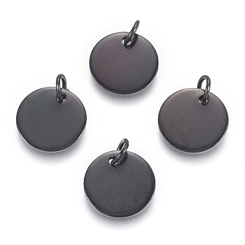 304 Stainless Steel Charms, with Jump Rings, Blank Stamping Tag, Flat Round, Electrophoresis Black, 12x1mm, Hole: 3.5mm