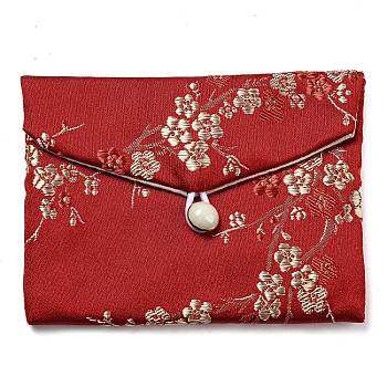 Chinese Style Floral Cloth Jewelry Storage Pouches, with Plastic Button, Rectangle Jewelry Gift Case for Bracelets, Earrings, Rings, Random Pattern, FireBrick, 8x10x0.3~0.7cm