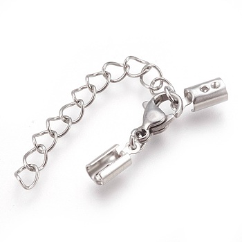304 Stainless Steel Chain Extender, with Cord Ends and Lobster Claw Clasps, Stainless Steel Color, 32mm long, Chain Extenders: 42mm, Cord End: 9.5x4x3.5mm, Inner Diameter: 3~3.5mm, Clasp: 11x7x3.5mm