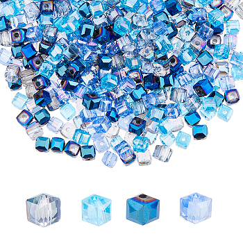 4 Strand 4 Color Transparent Electroplate Glass Beads Strands, Faceted, Cube, AB Color Plated, Blue, 4x4x4mm, Hole: 1mm, about 100pcs/strand, 17 inch(43.18cm), 1 Strand/color