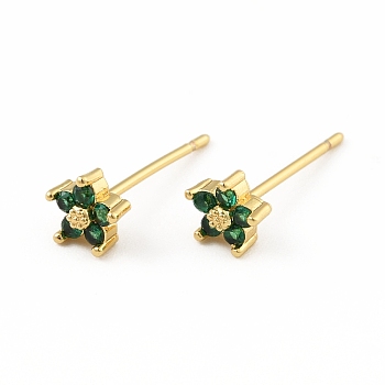 Cubic Zirconia Flower Stud Earrings, Real 18K Gold Plated Brass Jewelry for Women, Cadmium Free & Lead Free, Green, 15x5x5mm, Pin: 0.7mm
