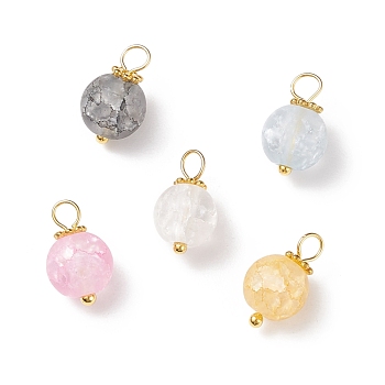 Frosted Dyed Synthetic Crackle Quartz Charms, with Golden Tone Brass Loops and Alloy Daisy Spacer Beads, Round, Mixed Color, 12~13.5x8~8.5mm, Hole: 2.5~3mm