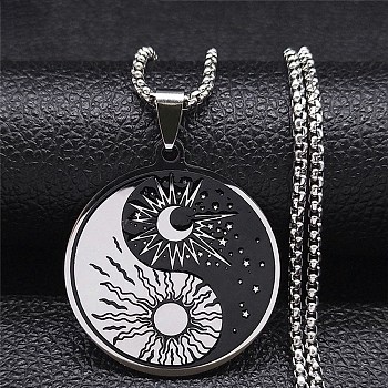 304 Stainless Steel Enamel Yin Yang with Sun & Moon Pendant Necklaces, Box Chains Necklaces for Women Men, Stainless Steel Color, 23.46 inch(59.6cm)