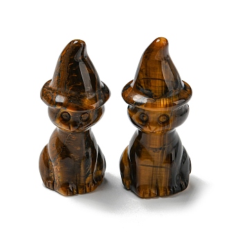 Natural Tiger Eye Carved Healing Cat with Witch Hat Figurines, Reiki Energy Stone Display Decorations, 48~50x19~21mm