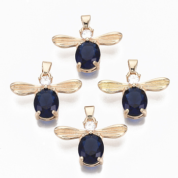 Glass Pendants, with Micro Pave Cubic Zirconia and Brass Open Back Settings, Faceted, Light Gold, Bee, Dark Blue, 17x23x6mm, Hole: 2mm