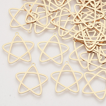 Brass Pendants, Etched Metal Embellishments, Long-Lasting Plated, Star, Light Gold, 21x20x0.3mm, Hole: 1.2mm