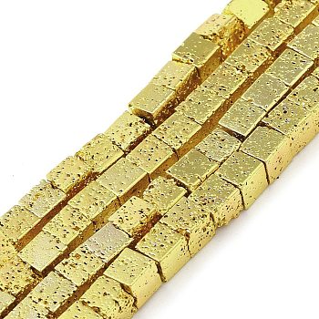 Electroplated Natural Lava Rock Beads Strands, Cube, Golden Plated, 4~4.5x4x4mm, Hole: 1.2mm, about 93pcs/strand, 15.75 inch(40cm)