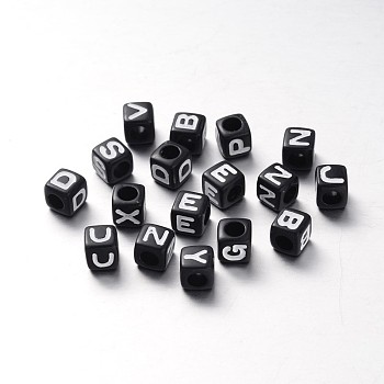 Initial Acrylic Horizontal Hole Beads, Mixed Letters, Cube, Black, 6x6x6mm, Hole: 3.5mm