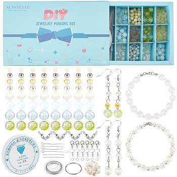 SUNNYCLUE 865Pieces DIY Glass Jewelry Kits, Including Round Beads, Gemstone Chip Beads, Alloy Lobster Claw Clasps, Brass Earring Hooks & Bead Tips & Crimp Beads, Creamy White, Creamy White, 4mm, Hole: 1.1mm