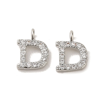 Initial Letter Brass Micro Pave Cubic Zirconia Pendants, Letter D, 9~10x4~10x1.5~2mm, Hole: 1.5mm