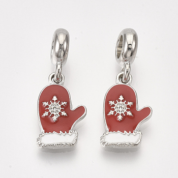 Alloy European Dangle Charms, with Enamel, Large Hole Pendants, Glove with Snowflake, Platinum, Red, 28.5mm, Hole: 4.5mm
