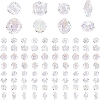 PANDAHALL ELITE 80Pcs 8 Style Transparent Acrylic European Beads, AB Color Plated, Large Hole Beads, Rondelle & Bicone & Rhombus & Flat Round & Cube & Polygon, Clear AB, 10pcs/style