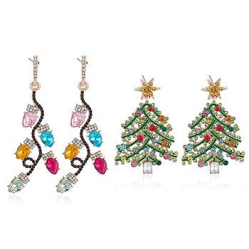 ANATTASOUL 2 Pairs 2 Style Rhinestone Christmas Tree & Leaf Dangle Stud Earrings, Light Gold Alloy Jewelry for Women, Mixed Color, 45.5~68.5mm, Pin: 0.5mm, 1 Pair/style