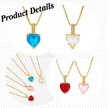 4Pcs 4 Colors Cubic Zirconia Heart Pendant Necklaces Set with Golden Brass Box Chains(NJEW-AN0001-78)-3