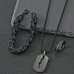 304 Stainless Steel Chain Bracelets & Rectangle Pendant Necklaces & Rings for Men, Black, 600mm & 200mm & 20mm(FS-WGDB989-01)
