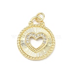 Brass Micro Pave Clear Cubic Zirconia Pendants, Flat Round Charms, Real 16K Gold Plated, 21.5x18x2.5mm, Jump Ring: 5.5x1mm, Inner Diameter: 3.5mm(KK-P350-09G)