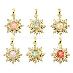 6Pcs 6 Colors Rack Plating Brass Pendants, with Resin & Cubic Zirconia, Lead Free & Cadmium Free, Long-Lasting Plated, Sun Charms, Real 18K Gold Plated, Mixed Color, 18x16x7mm, Hole: 4.5x2.5mm, 1pc/color(KK-CJ0002-42)