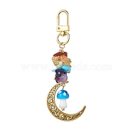 Alloy Hollow Moon & Lampwork Mushroom Pendant Decorations, Natural & Synthetic Mixed Stone Chip and Swivel Clasps Charm, Deep Sky Blue, 99mm(HJEW-JM01612-03)