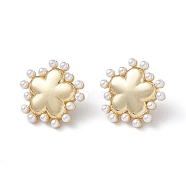 Long-Lasting Plated Brass Stud Earrings with Plastic Pearl for Women, Lead Free & Cadmium Free, Flower, Real 18K Gold Plated, 20.3x20.1x3.9mm, Pin: 0.9mm(EJEW-A088-01G)