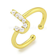 Rack Plating Brass Open Cuff Rings for Women, with ABS Imitation Pearl, Cadmium Free & Lead Free, Long-Lasting Plated, Letter, Letter J, Inner Diameter: 17mm, letter J: 11x7mm(RJEW-F162-01G-J)